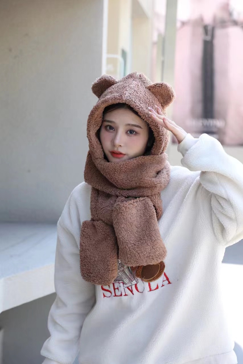 Picture of Winter Warm and Thickeneded Cotton Plush Rabbit Ears Animal Hat Gloves Scarf Bear Three-Piece Hat Factory Ear Protection