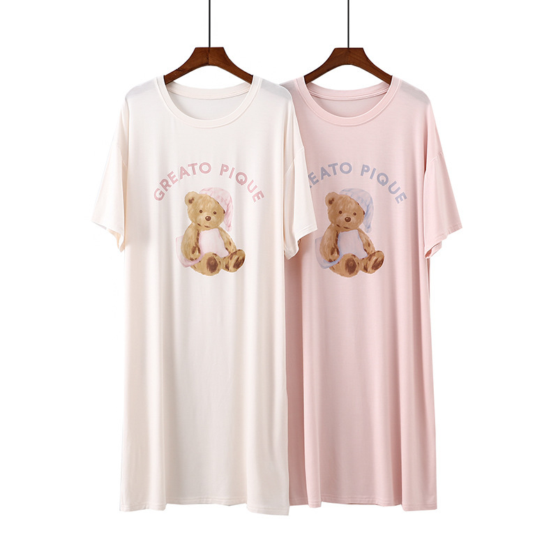 2025 Nightgown Women's Summer Thin Modal Cartoon Hat Bear Print Short Sleeve Mid-Length Skirt Stretch Home Skirt