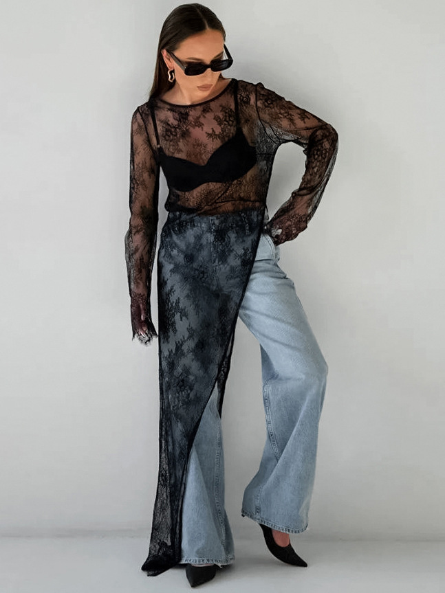 Black Sexy See-Through Brocade Lace Asymmetrical Slit Dress 2025 European and American Autum Fashion New Long Skirt for Women