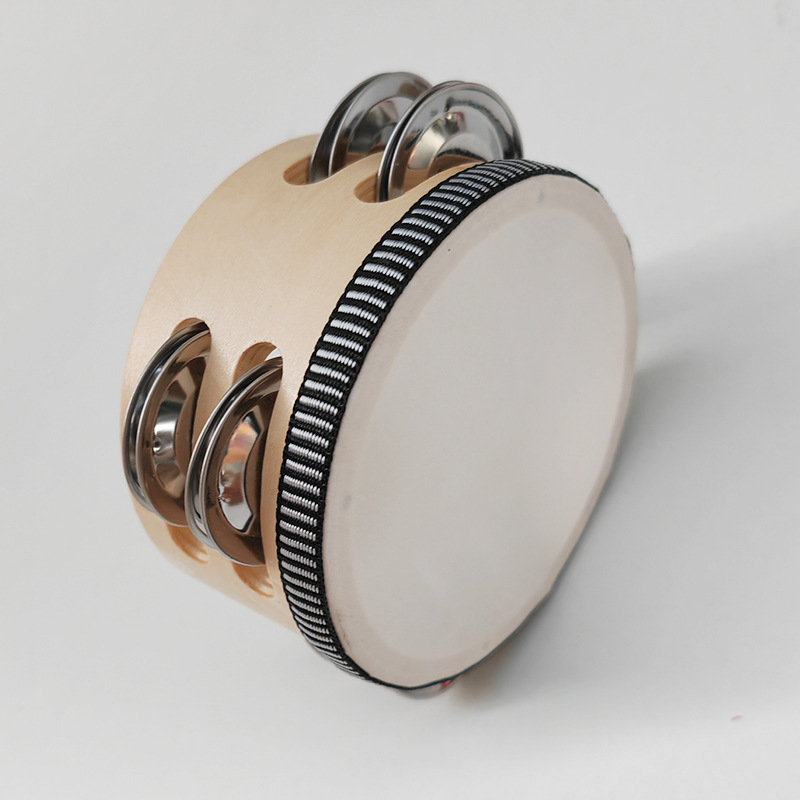 Picture of Wooden Double Row Tambourine Kidsren's Tambourine Percussion Instrument Imitation Goatskin Hand Drum Rattle Orff Musical Instrument Teaching Aids
