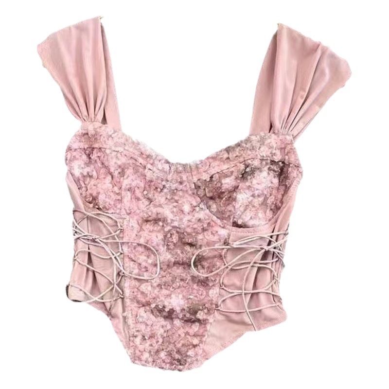 Pink Lace Short Small Tube Top Inner Camisole Summer Outer Wear Sexy Sweet Hot Girl Fish Bone Strap Top for Women