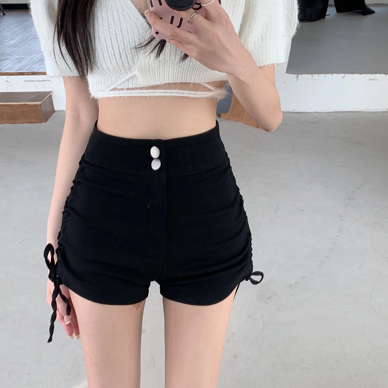 2025 Summer Black High-waisted Slim-fit Casual Lace-up Shorts Women's Simple Fashion Slim-fit A- leg Wide-leg Shorts