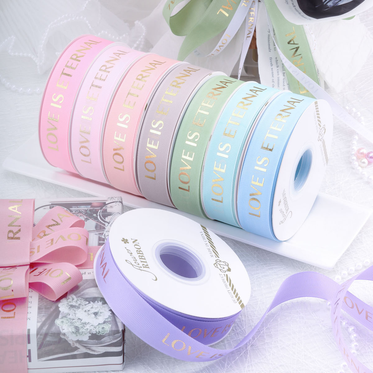 2.5cm Bronzing Thread Ribbon Love English Letter Ribbon Baking Flowers Gift Box Packaging Ribbon DIY Material