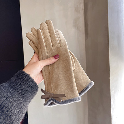 Picture of Gloves Women's Winter Korean-style Cute Bow Fleece-lined Thickened Warm Touch Screen Riding Driving Cold-proof Gloves