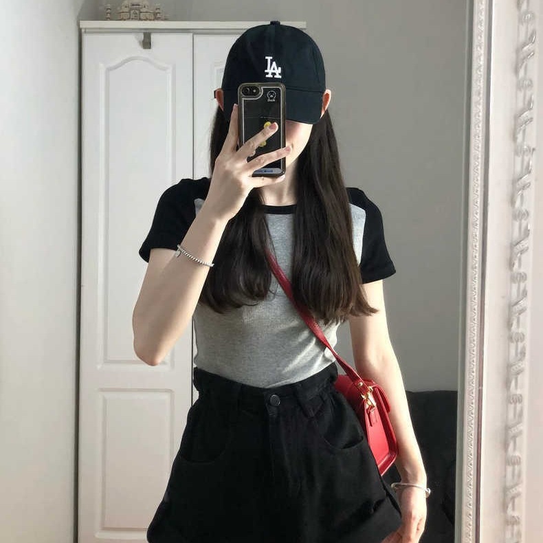 New Stitching Shoulder Slim-fit Short-sleeved T-shirt Women's Contrast Short Top Summer Niche Slim-fit T-shirt Trendy Ins