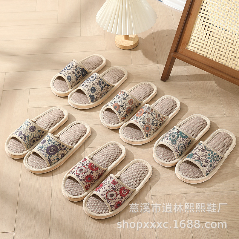 2025 new rattan grass linen slippers women's flowers lovers non-slip floor home cool linen slippers factory outlet