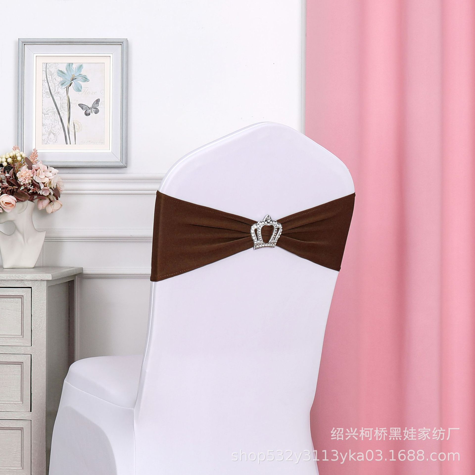 Picture of Chair Back Flower Bow Crown Diamond Buckle Elastic Banquet Chair Set Decoration Free Wedding Strap Ribbon Wedding Ribbon