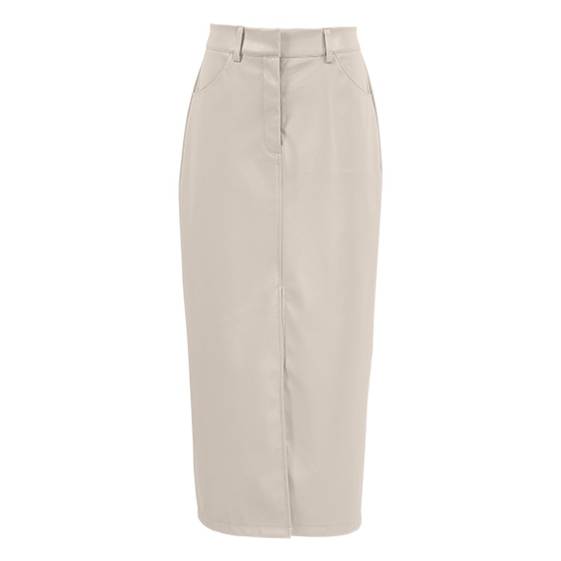 Texture Fashion Black Matte fleece-lined Leather Skirt Autumn Women's Commuter Slim-fit Slit Mid-length Straight Skirt