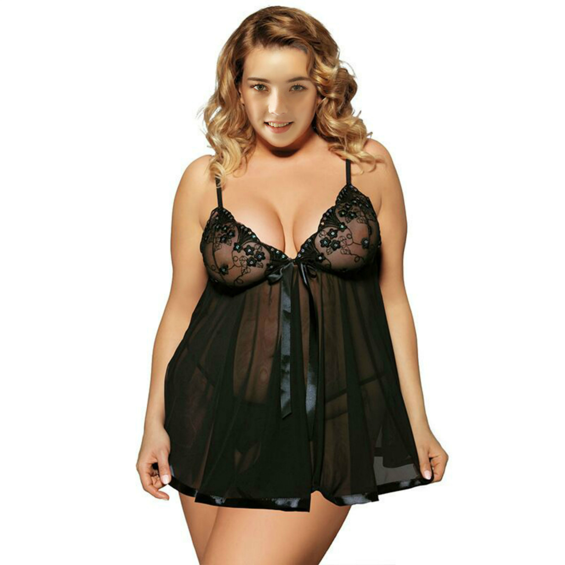 European and American Export Sexy Lingerie Lace Sexy Pajamas Women's Temptation Summer Transparent Mesh Suspender Nightgown Large Size