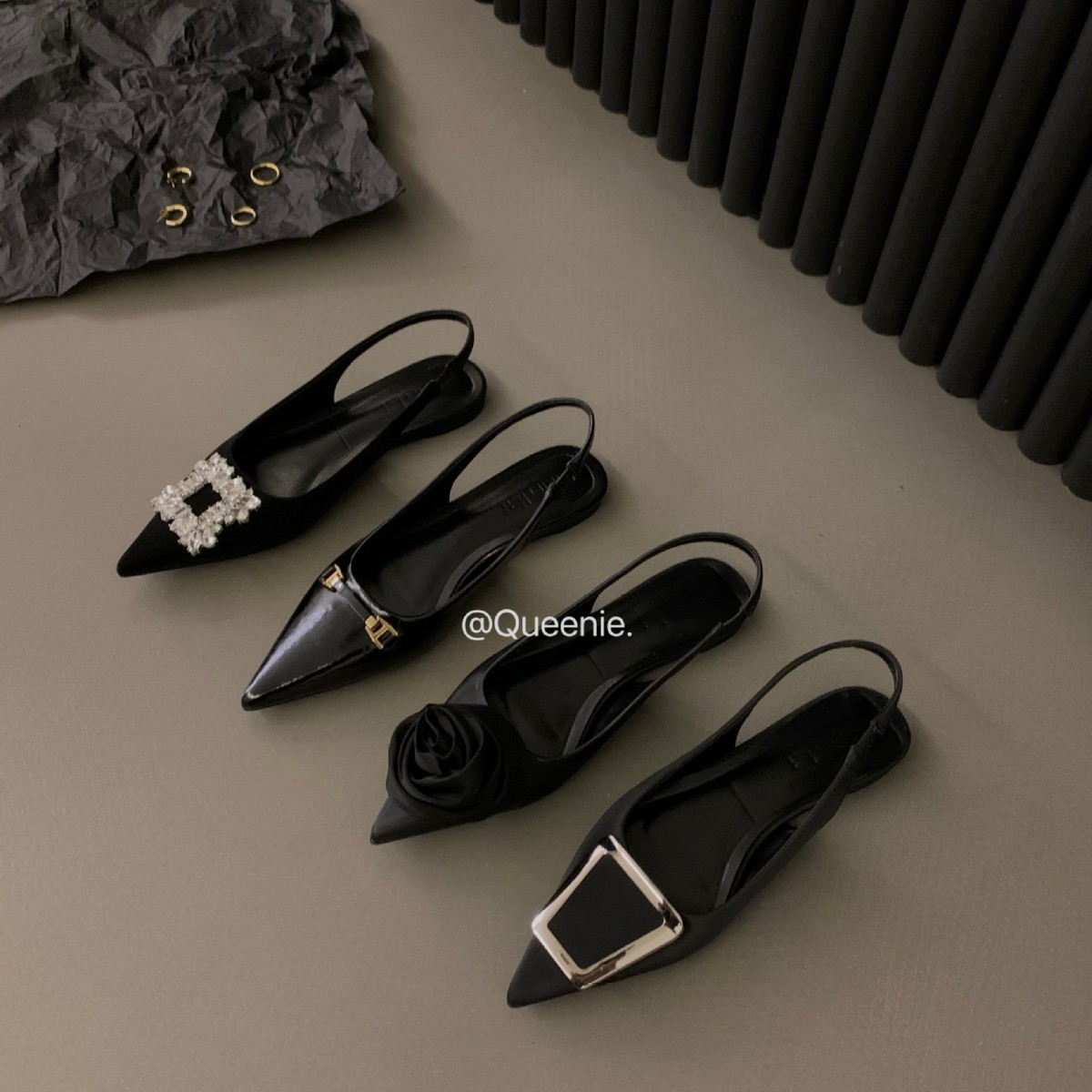 French flat black closed toe sandals fairy shoes 2023 new spring and summer pointed rhinestone elegant single-layer shoes