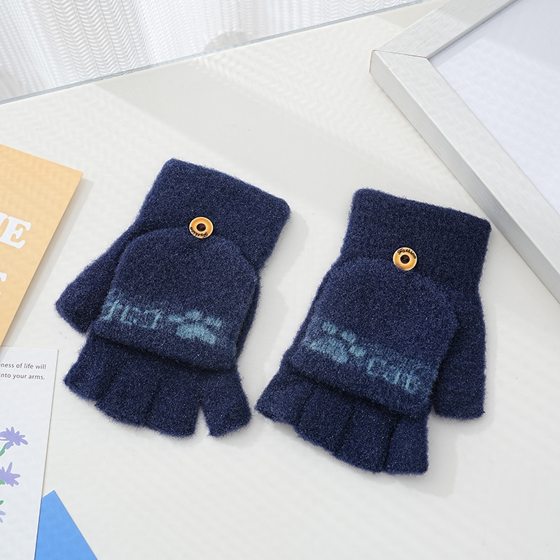 Picture of Children's flip gloves autumn and winter boys half finger warm cute Primary School students writing knitted dual-purpose gloves wholesale