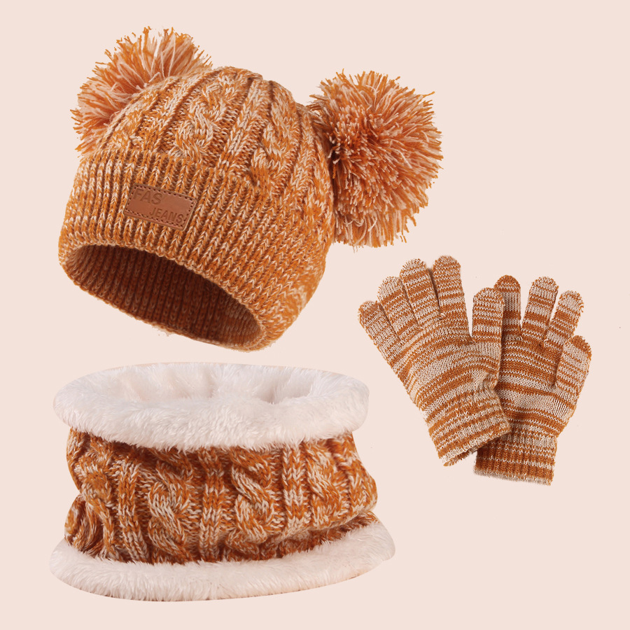 Picture of European and American leather label knitted children's hat scarf gloves three-piece winter baby hat warm children's wool hat