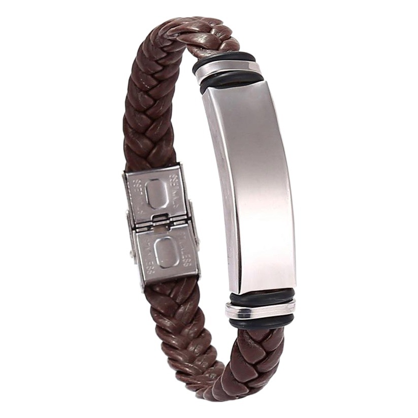 Cross-border European and American stainless steel simple bracelet light plate lettering leather woven bracelet men's bracelet factory direct sales
