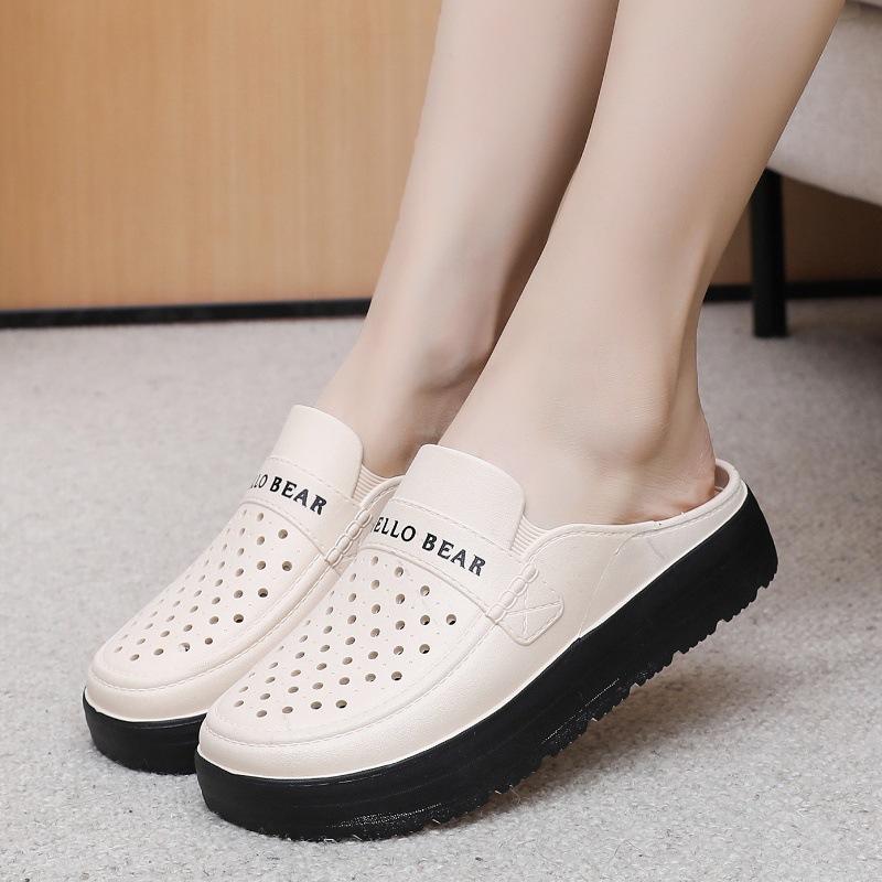 Thick-Soled Slippers for Middle-Aged Mothers, Closed-Toe, Suitable for Everyday Wear, Non-Slip, Mid-Heel, Clogs, Home Use, Women's Slippers with Hollow Design