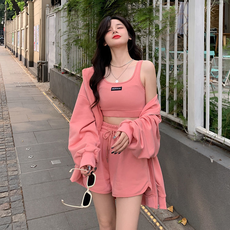 Sports Style suit Women's Spring and Autumn Clothing Fashion Casual Age-reducing Fitness Running Cyber Popular Age-reducing Sweatshirt Shorts Three-piece Set