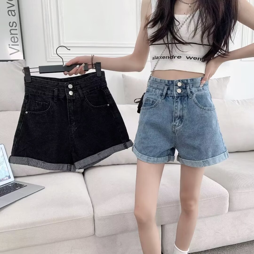 High Waist Curl Denim Shorts Women's Summer New Loose Slimming Wide Leg A- shaped Elegant All-match Hot Pants Ins Trendy