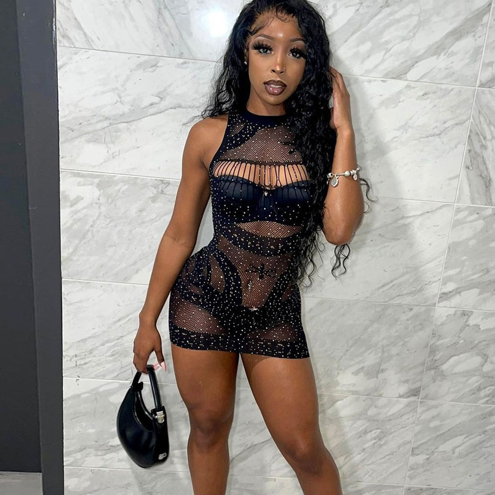 European and American Fashion New One-Piece Rhinestone Sexy Revealing Cleavage Hot Girl Hollow See-Through High-Elastic Bodycon Dress