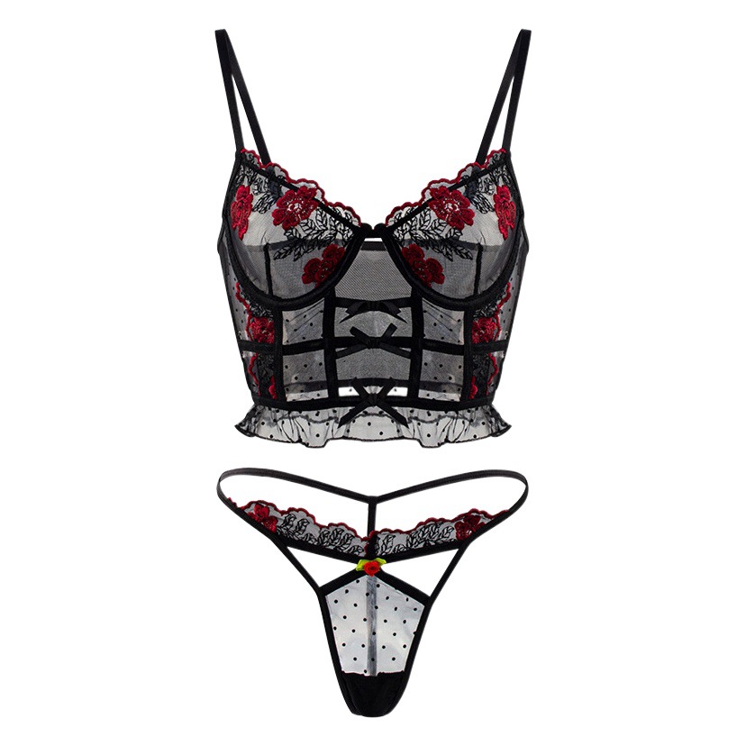 New Sexy Hollow-out Transparent Perspective Thin Bra Low Waist Thong Embroidered Lace Thong Lingerie Lingerie