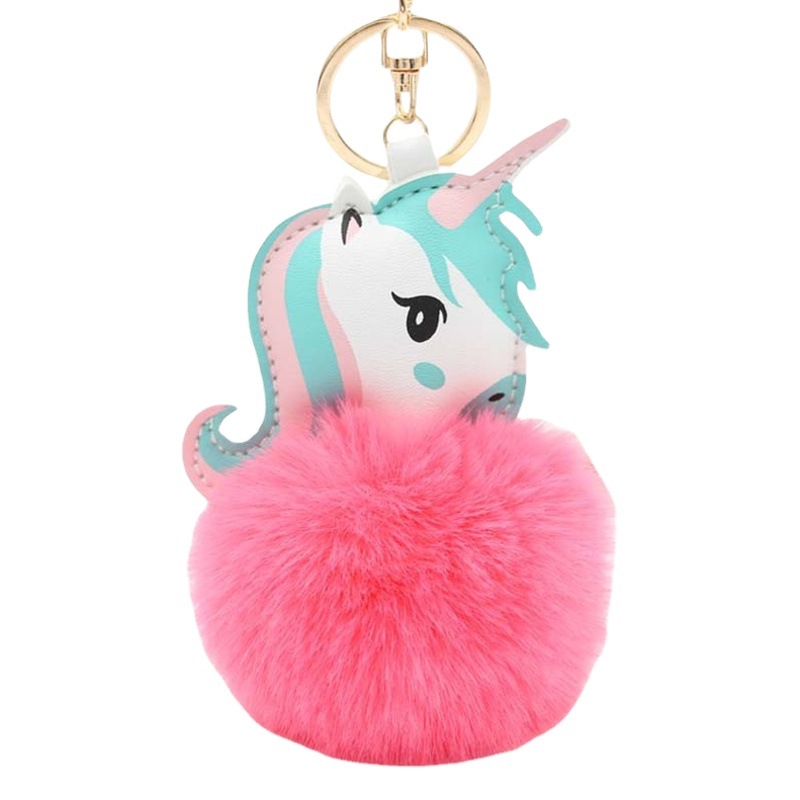 KOOROL creative unicorn fur ball keychain Pony Plush Bag pendant PU leather imitation Rex rabbit fur keychain