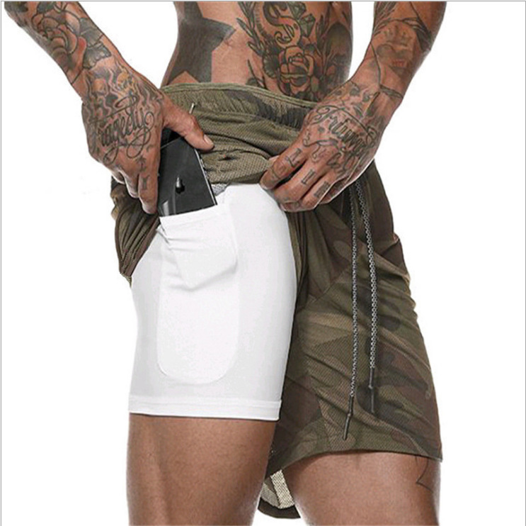 Cross-Border Summer Men's Sports Fitness Double-Layer Tight-Fitting Quick-Drying Shorts Mesh Five-Point Shorts Sports Pants Breathable and Lightweight