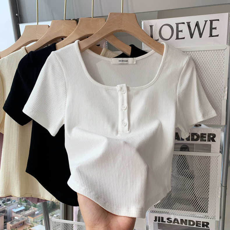 Korean Style Short T-Shirt Women's Summer Short-sleeved Chic Design Sense Niche Solid Color Shoulder Thread Button Top