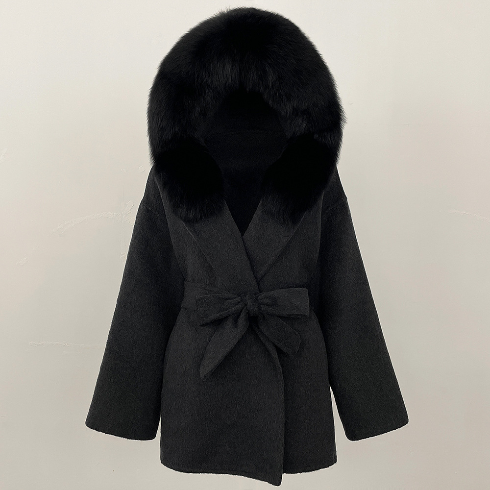 Picture of New Hooded Color-Blocked Fox Fur Collar Autumn and Winter Double-Sided Wool Outwear Women's Cloak Waist Thickeneded Woolen Outwear