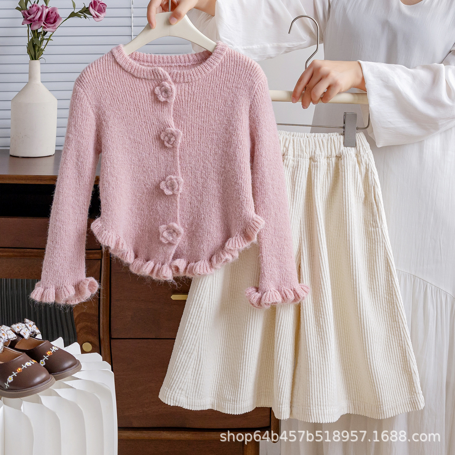 Girl's Autumn Two-Piece Baby's New Sweet Lace Cardigan Sweater Children's Spring and Autumn Casual Wide Leg Pants suit