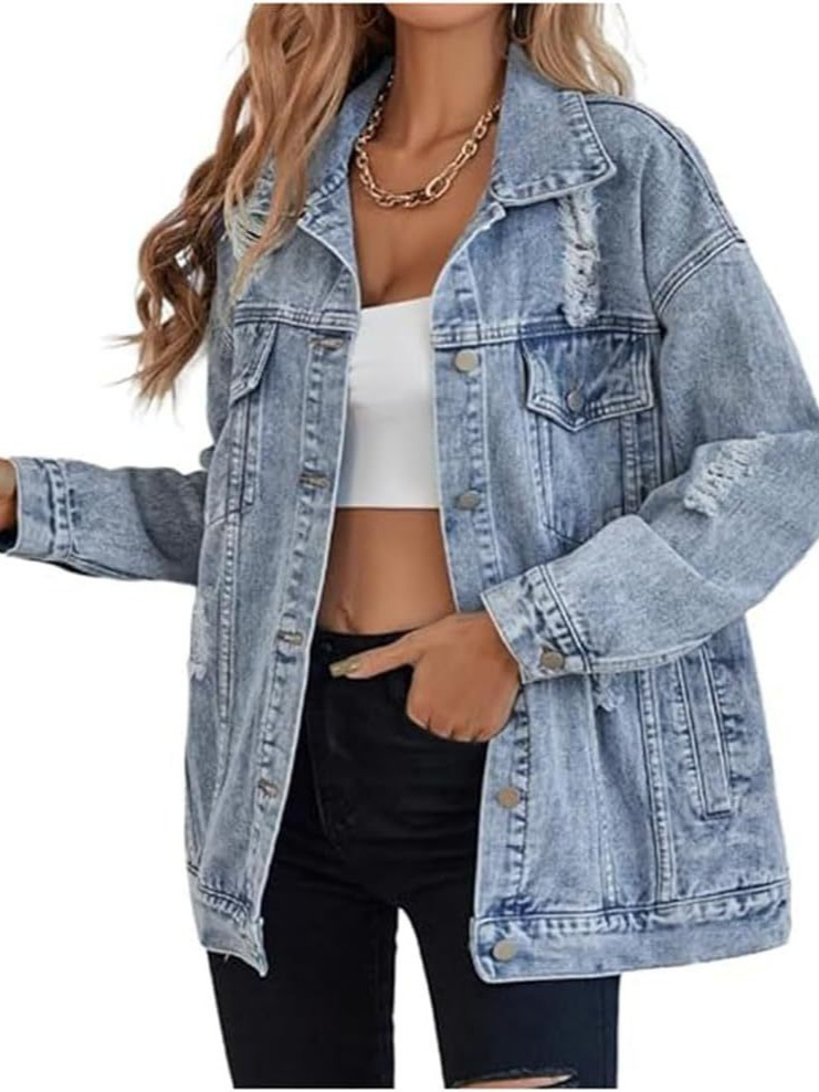 Picture of Cross-border Amazon TEMU Women's New Oversized Denim Jacket Boyfriend Ripped Dressed Denim Jacket Coat Women