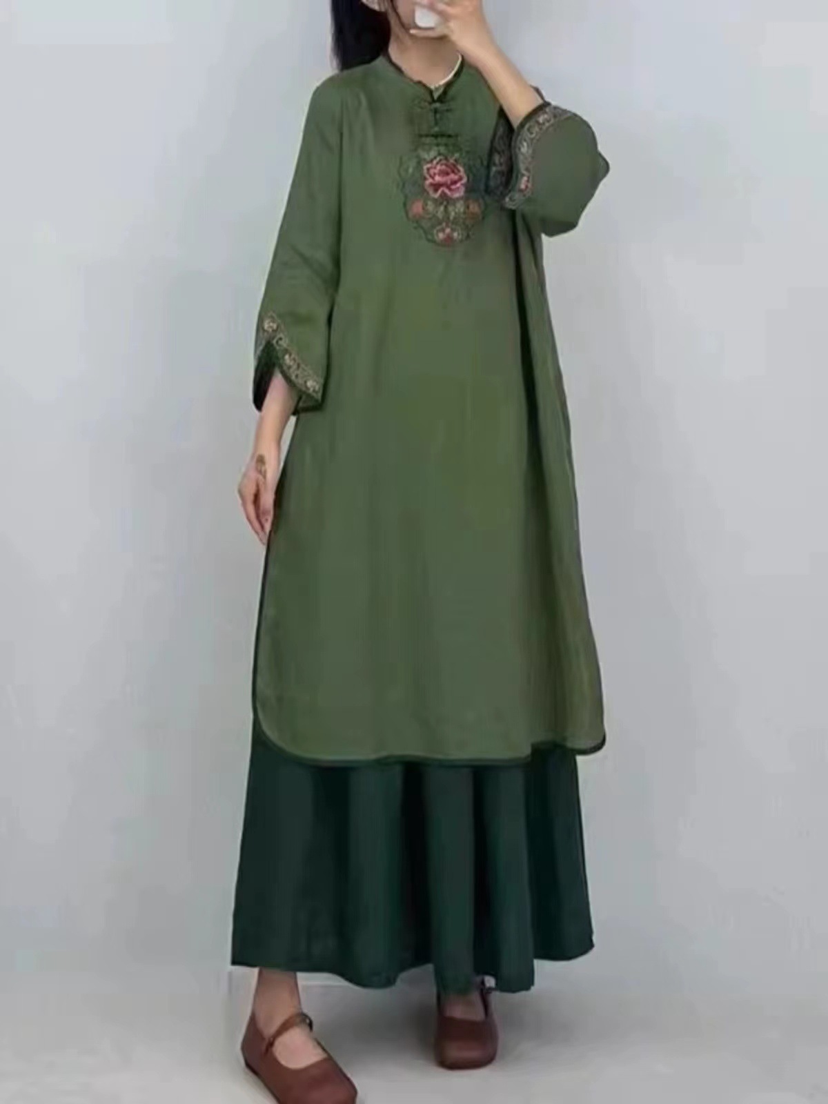 New Chinese Style Cotton and Linen Art National Style dress Heavy Industry Embroidery Ethnic Summer Cheongsam Skirt Mid-length dress