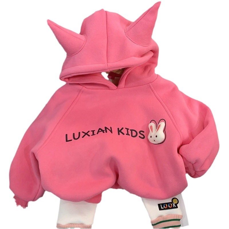 Girls' Hooded fleece-lined sweater suit autumn and winter Korean style baby girls' warm cartoon top leggings two-piece set