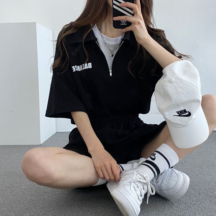 Picture of 4 Color High-end Cotton Zipper Set Two-piece Women's Short-sleeved Shorts Sportswear Solid Color Loose Summer Fashion Casual