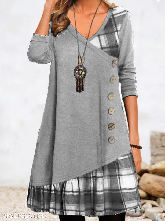 Picture of Amazon AliExpress Independent Station 2022 Autumn New V-Neck Stitching Decorative Buckle Long Sleeve Plaid Printed dress