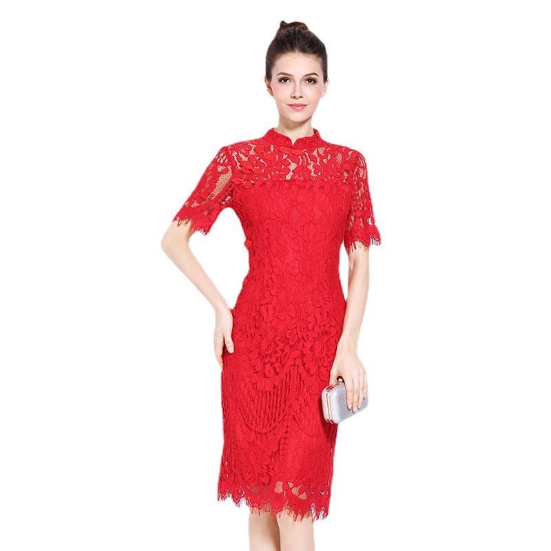 Picture of European Station 2023 Summer and Autumn Women's Clothing Foreign Trade New Slim-fit Red Bridal Dress Short-sleeved Cheongsam Lace Dress