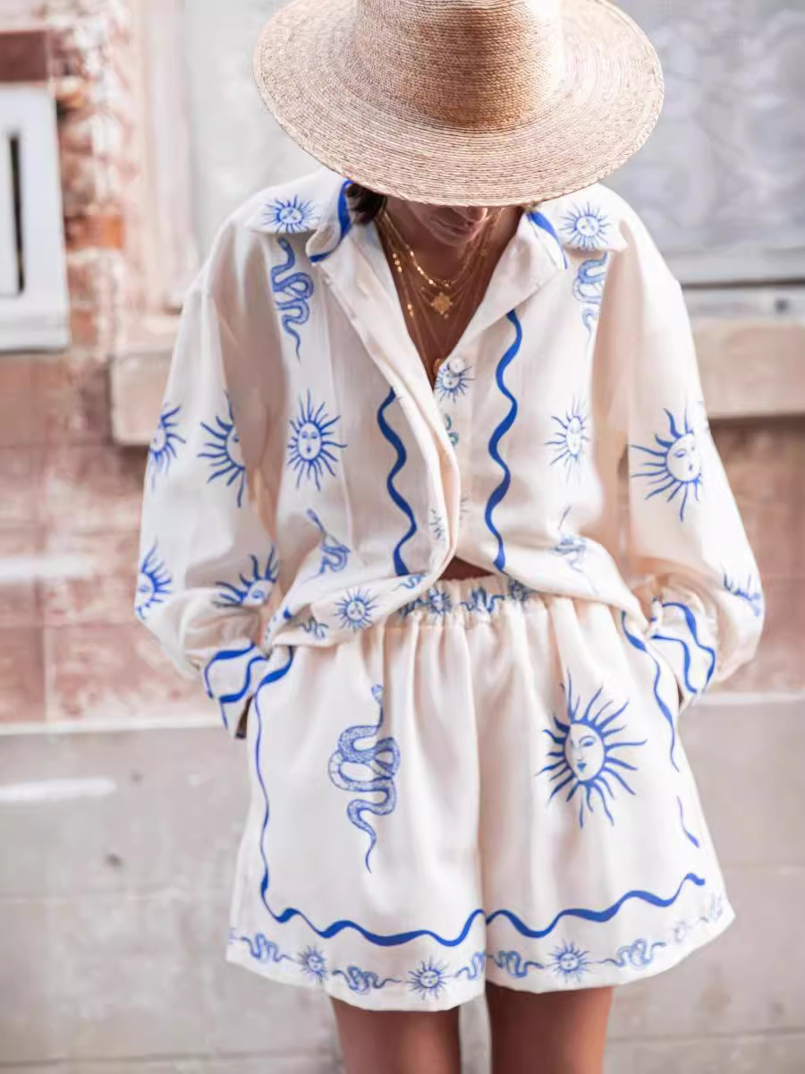 European and American Cross-border 2024 New AliExpress Independent Station Fashion Printed Linen Casual All-match Shirt Cardigan Shorts
