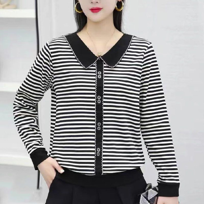 Picture of Strict selection of new doll collar striped long sleeve T-shirt middle-aged mother plus size women's button slim casual top women