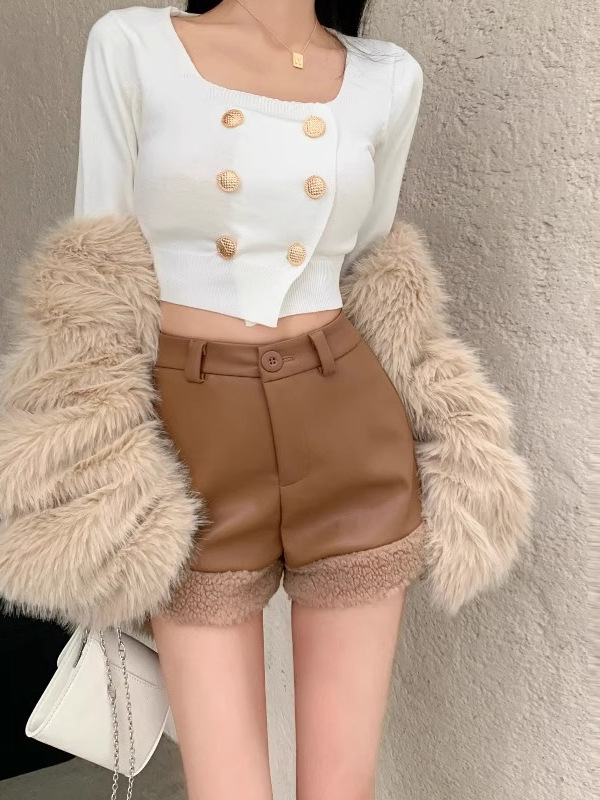 Autumn and Winter High Waisted Puffy Leather Hot Pants for Spice Girls Small People Design Sense Niche Casual Slimming Shorts for Women