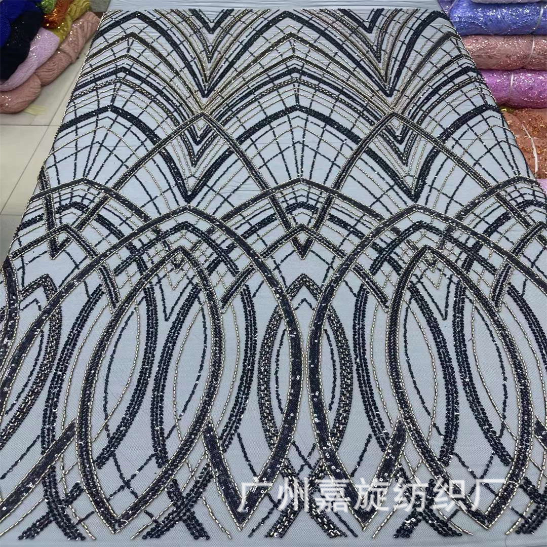 African Double Color Beaded Tube Embroidery Abstract Striped Sequin Beads Mesh Fabric High Set Wedding Dress Dress Dress Lace