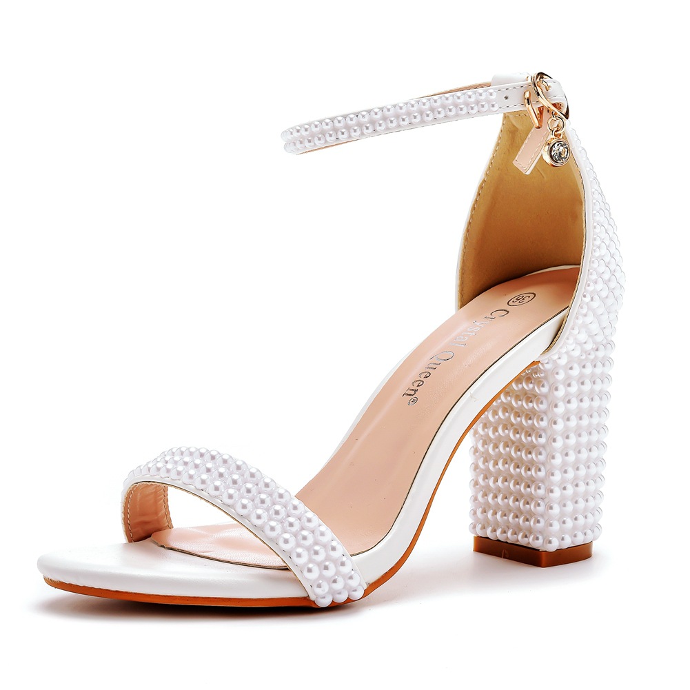 9cm Thick Heel Shallow Mouth Strap Sandals Round Head Root Thick Heel Sandals White Pearl Sandals Bridal Wedding Shoes