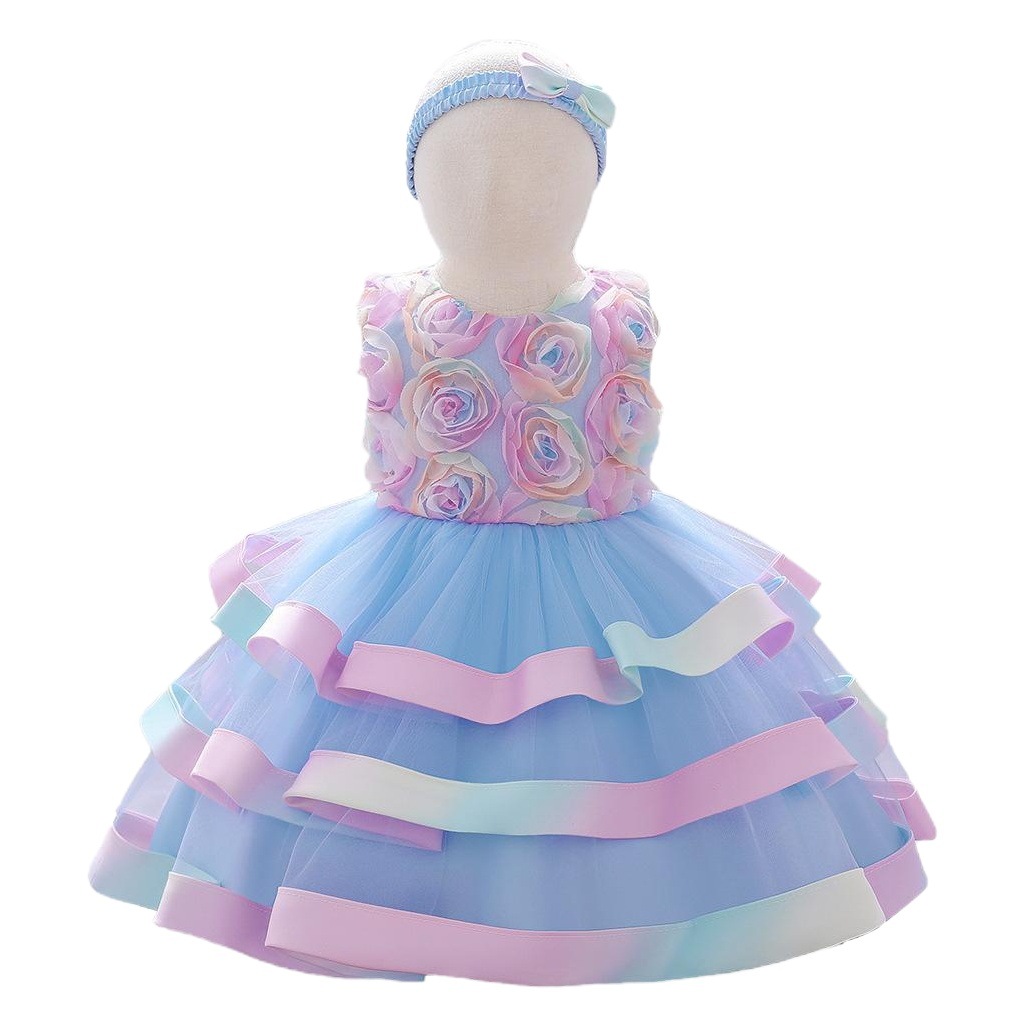 2023 New Children's Dress Dress Baby One-year-old Dress Women's Exquisite Hair Ornaments Mesh Flower Puff Cake Dress