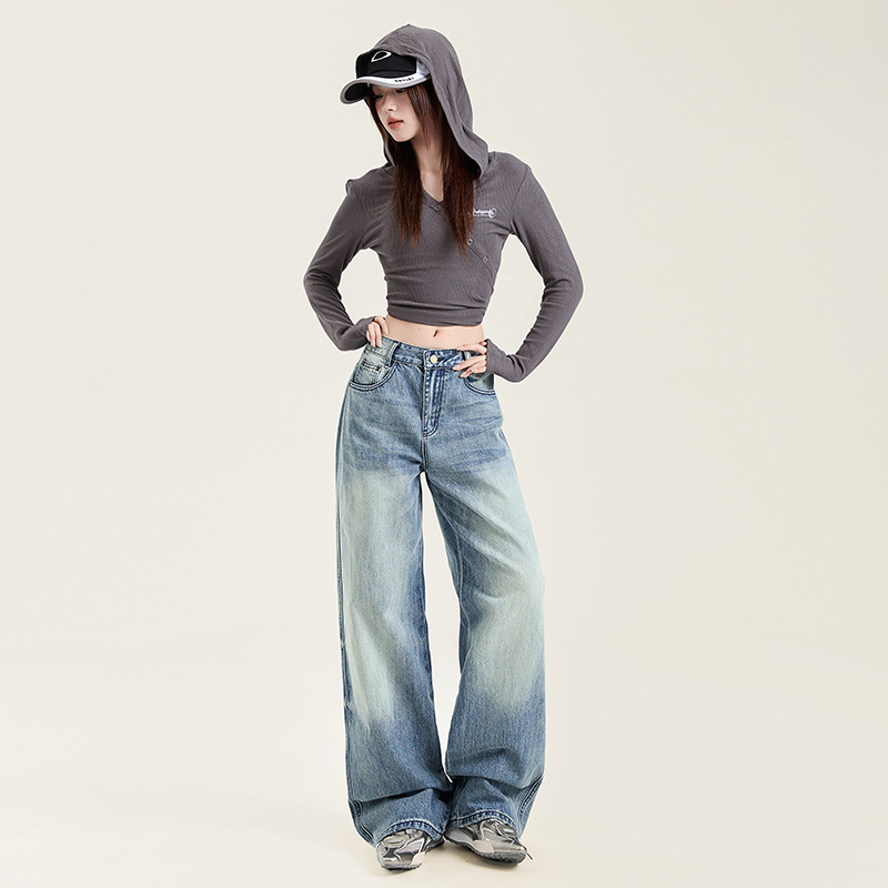 American-style High Street Wide Leg Jeans Women's Autumn and Winter 2024 New High Waist Slimming Straight Loose All-match Mop Pants