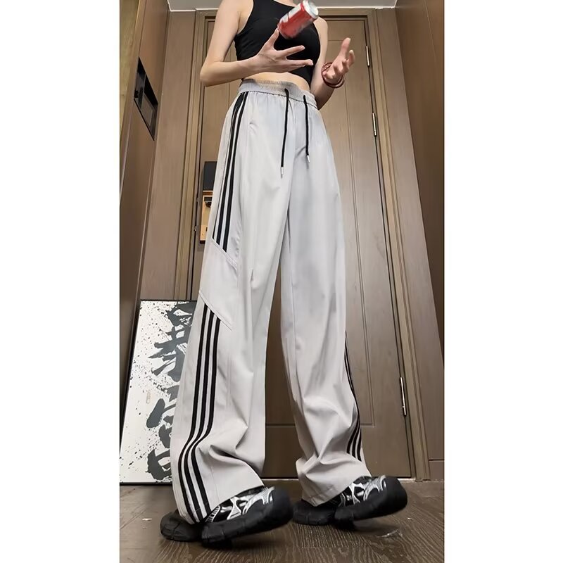 Cross-Border American Retro Personality Street Wide-Leg Pants Harajuku Pocket Striped Casual Pants High-Waisted Loose Cargo Pants for Women