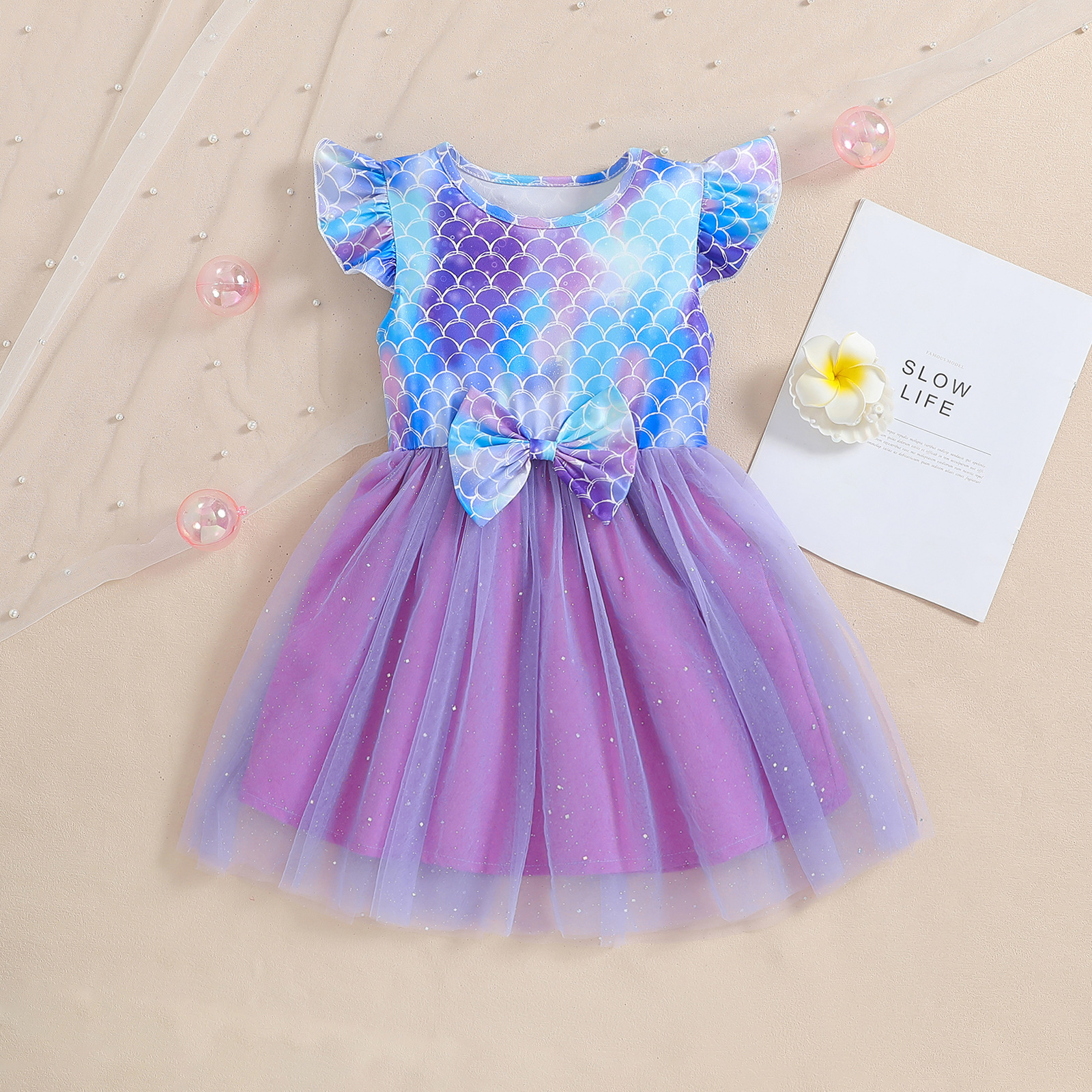 Cross-border Girls' Mesh 2024 Summer dress Sequins Mermaid Bow Styish Short-sleeved Birthday Dress Tide