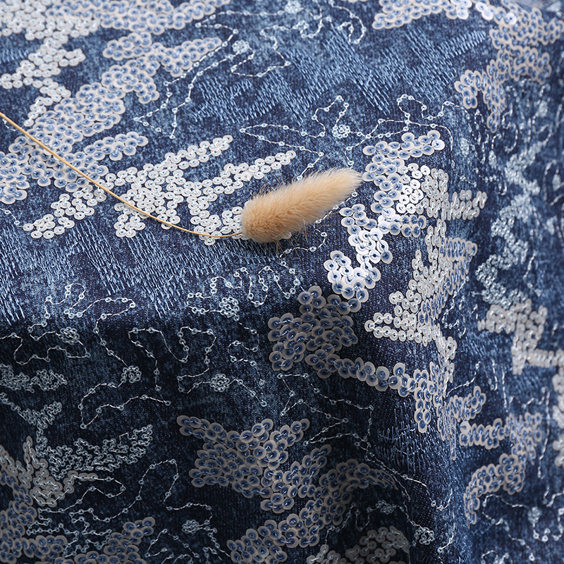 Picture of Washed Denim Sequin Embroidered Cloth Jumpsuit Skirt Shorts Fabric in stock Supply