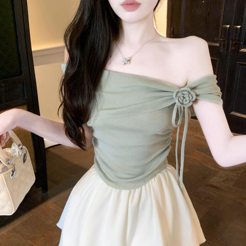 Picture of Pure Sweet Spice Girl Off-shoulder Flower Small Top Women's Summer High-end French Pink Short-sleeved Shirt Chic and Beautiful