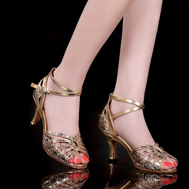 Latin Dance Shoes Women's Adult Mid-heel Soft-soled Square Dance Shoes Performance Fish-mouth High-heeled Outer Rubber-soled Dance Shoes Gold
