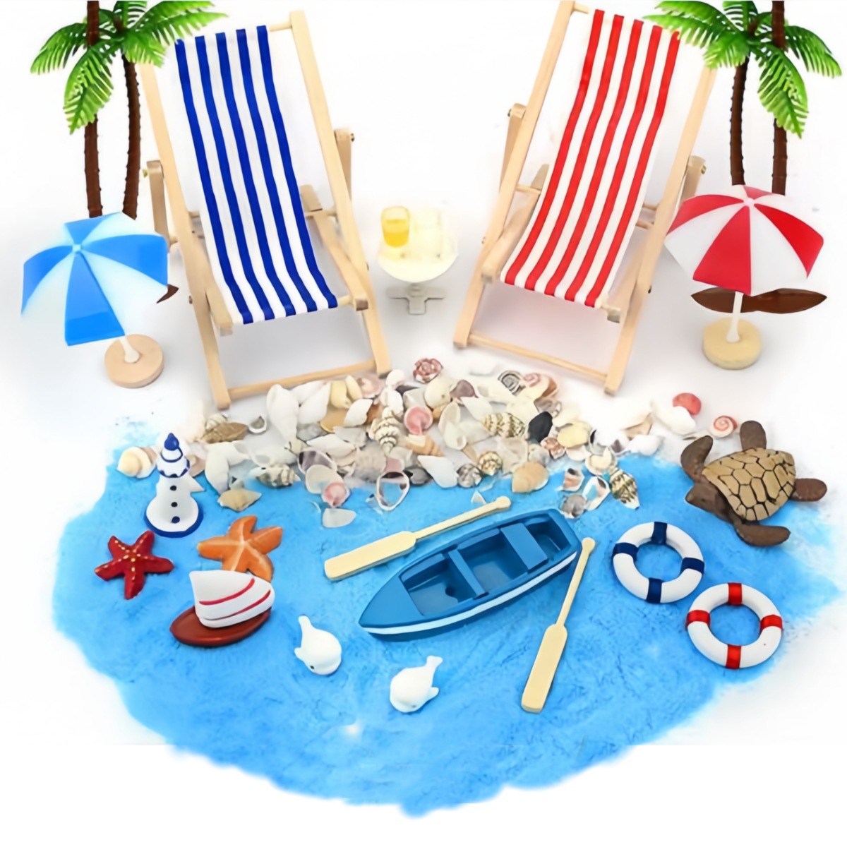 Picture of Dollhouse Doll House Mini Beach Set Micro Landscape Summer Shell Sun Umbrella Wooden Beach Chair