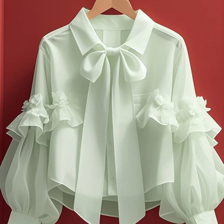 Picture of New Tops for Women 2025 Early Autumn Vintage French Unique Beautiful Green Bow Long-Sleeved Shirt A2918