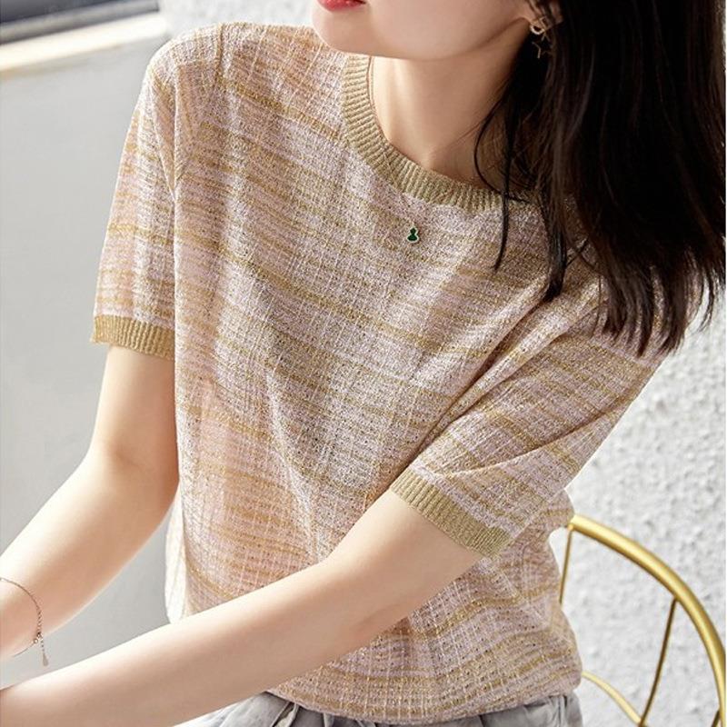 Ice Silk Knitted Short-sleeved Women's Summer 2023 New T-shirt Women's Thin Design Striped Top Base Shirt