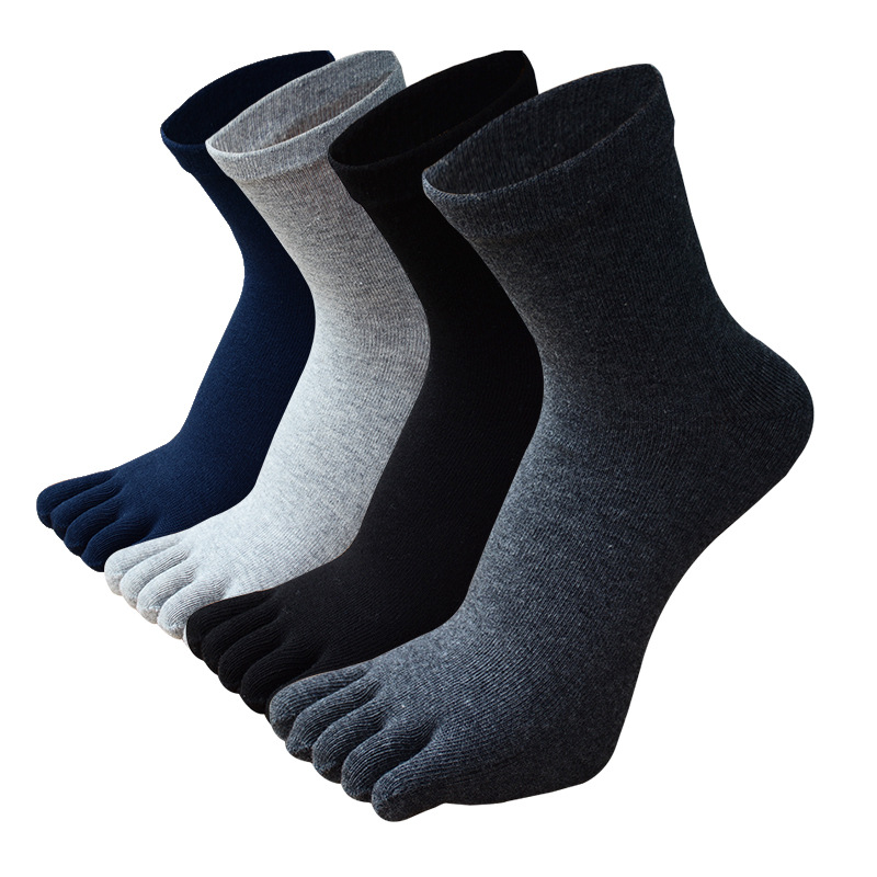 Winter Thickened Terry five-finger socks solid color combed cotton mid-height warm toe socks for autumn and winter simple solid color
