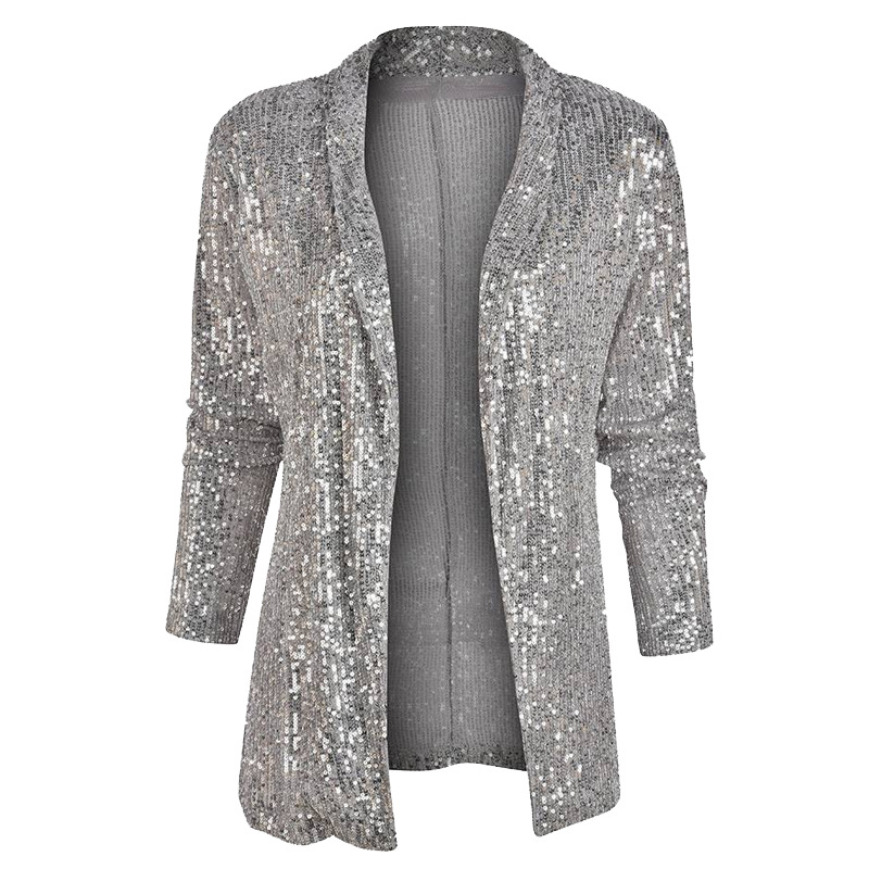 Picture of 2025 Spring New European and American Amazon Sequined Long-Sleeved Elegant Mid-Length Small Suit Lapel Pure Color Jacket for Women